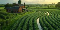 A bioenergy plant surrounded by fields of fast-growing crops,