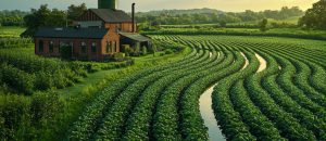 A bioenergy plant surrounded by fields of fast-growing crops,