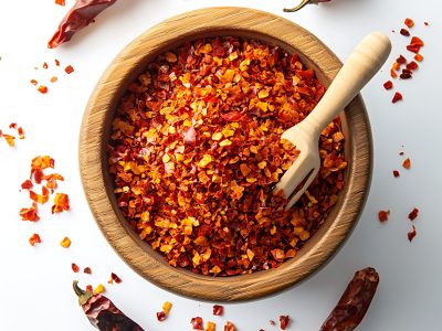 Crushed Red Chili Pepper Flakes in Wooden Bowl