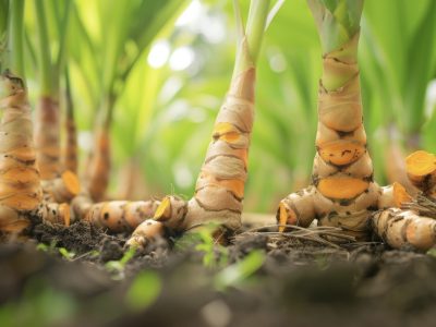 A detailed shot of a fullygrown turmeric plant with the thick rhizomes visible just below the surface of the soil.