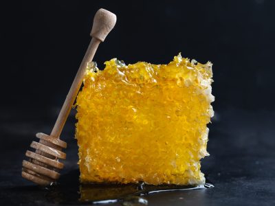 Honeycombs with fresh honey and honey spoon on dark background. Closeup
